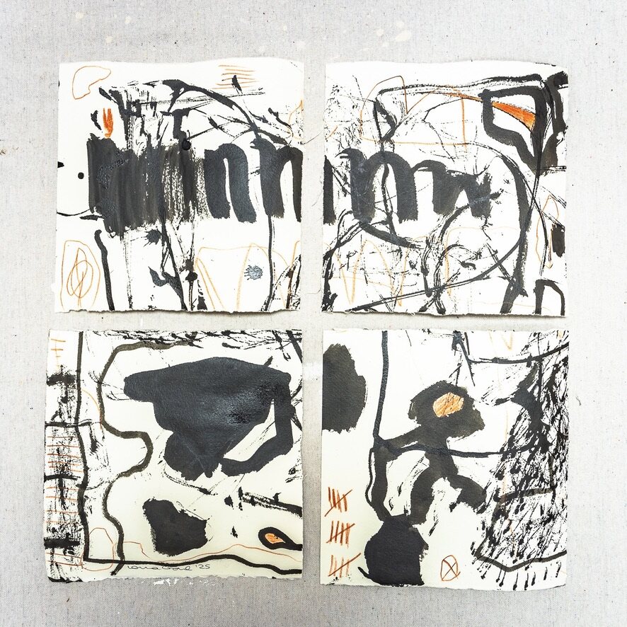 Four small works on paper using ink and earth pigment marks