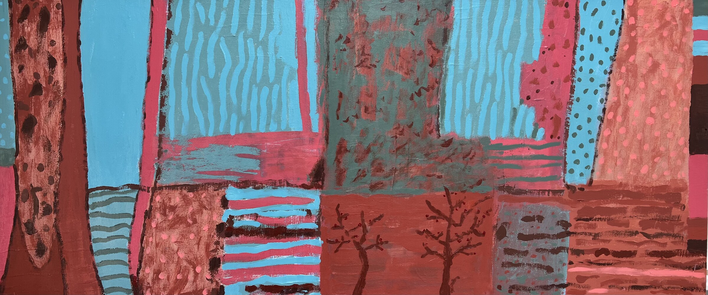 Wide abstract painting with turquoise, rust and pink fields, repeated marks and dark gestural lines