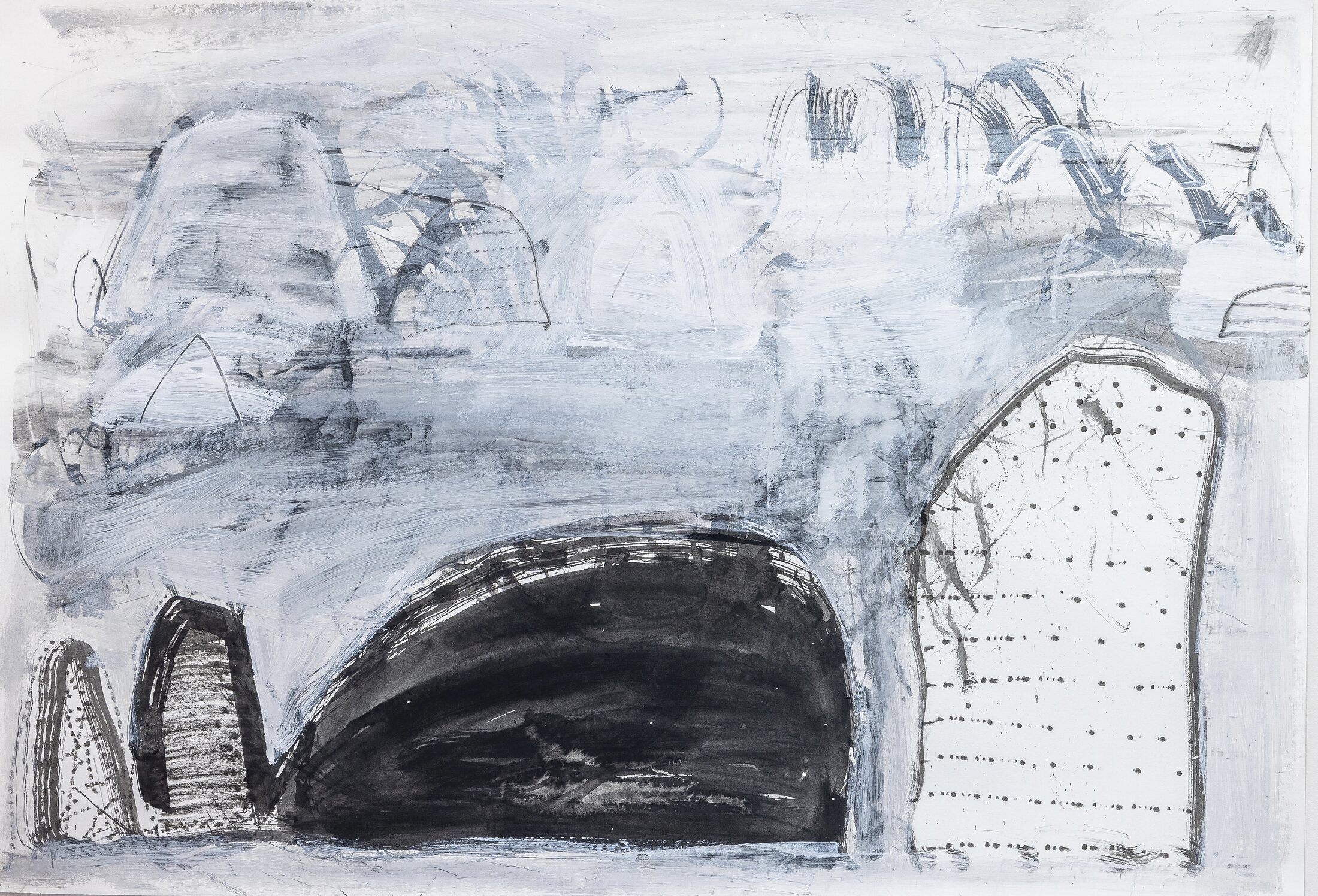 Large blue grey abstract work with black forms, repeated marks and pale gestural layers