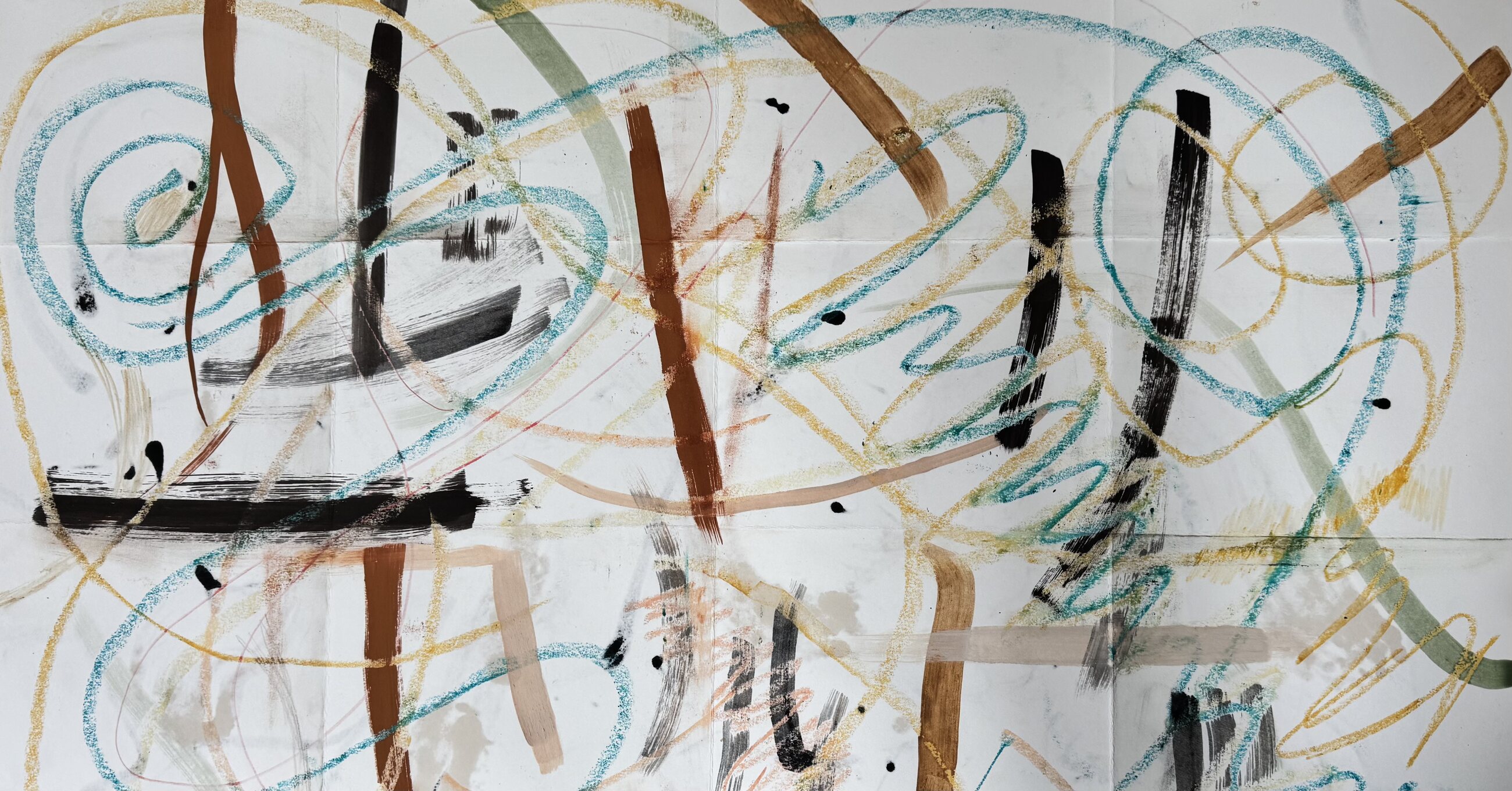 Large colourful abstract paper sheet with teal, ochre, black and earth-coloured marks